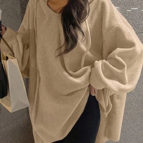 Resim Kadınlar İçin Oversize Kapüşonlu Kazak - Bej Düz Renk Uzun Kollu Bol Fit Sıcacık Sonbahar ve 