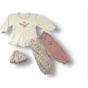 Resim Tb Çiçek Nakışlı Şapkalı Uzun Kollu Sweatli 3lü Kız Bebek Takımı Ekru Ekru 