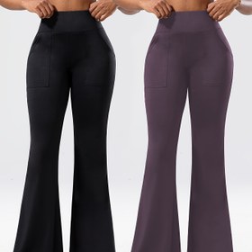 Resim 2 adet - Yüksek Bel Flare Pantolon Cep ile, Esnek Dar Kesim Yoga ve Koşu Pantolonu Kadınlar için, Rahat Günlük Bahar/Sonbahar Giyim, Yüksek Bel Esnek Pantolon|Şık Pantolon|Cep Detaylı Pantolon 