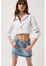 Resim Asimetrik Kemer Denim Mini Etek Mavi 