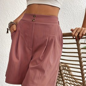 Resim Kadın Yüksek Bel Geniş Bacaklı Şort, Rahat Düz Renkli Polyester ile Hafif Esneklik, Düğme Detayı, Dokuma Kumaş, 100g/m², Bahar/Yaz/Sonbahar için 