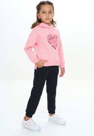 Resim Toontoy Kız Çocuk 2'li Takım Baskılı Kapüşonlu Sweatshirt & Beli Paçası Lastikli Jogger Eşofman Altı 