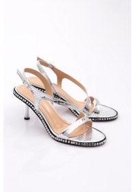 Resim Dgn 2421 Kadin Yanlari Taş Süslemeli Topuklu Abiye Ayakkabi 2421-2219-R8130 Gümüş 