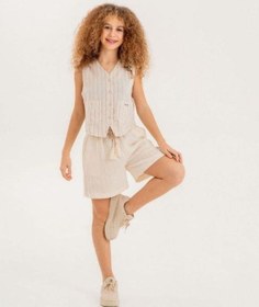 Resim Zekids Kız Çocuk Çizgili Crop Keten Yelek-14245 Bej 