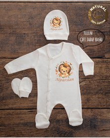 Resim yzc home size dair... E04 T Ekru Renk Isme Özel Isimli Baskılı Bebek Tulum Şapka Eldiven Set Hastane Çıkışı 