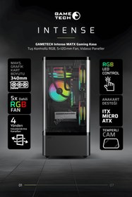 Resim Gametech Intense Siyah Tuş Kontrollü Rgb 5X120 mm Fan Özel Tak Çıkar Vidasız Kapaklar MATX Gaming Kasa 