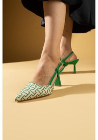 Resim Shoetek Leonora Kadın Stiletto Yandan Bantlı Topuklu Ayakkabı Desenli Yeşil Yeşil 
