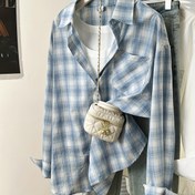 Resim Kadın Rahat Kareli Uzun Kollu Gömlek, %100 Polyester, Tüm Mevsim Rahat Kesim Yaka Detaylı, Düğme Detaylı, Tek Göğüslü Pat, Dokuma Kumaş, 155 g/m² - Mavi Kareli Bluz Yetişkinler İçin 