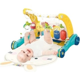 Resim Vardem Piyanolu 2 In 1 Bebek Yürüteci ve Tavşan Desenli Mavi Oyun Halısı 