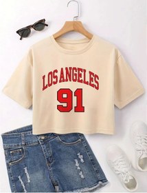 Resim Dayuhu Los Angeles 91 Brooklyn Grafik Kırpma T-shirt - Rahat Kadın Spor Üstaçık Mavi Açık Mavi 
