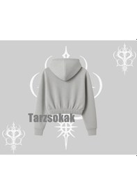 Resim Kapşonlu Crop Sweatshirt Hello Anime Kız Sevimli Karakter Baskılı Gri 
