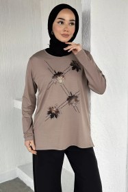 Resim Taşlı Tesettür Anne Penye Bluz Vizon TZL-P-00021462 