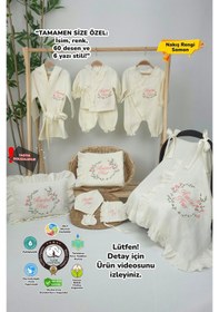 Resim Gros Shop Müslin Yeni Doğan 4katlı Organik %100pamuk Kişiye Özgü Nakışlı Hastane Çıkış Seti Çiçek Model-2 Ekru-1 