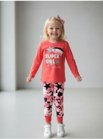 Resim Kız Çocuk Super Girl Yazılı Simli Baskılı Uzun Kollu Pijama Takımı-16828 Pembe 