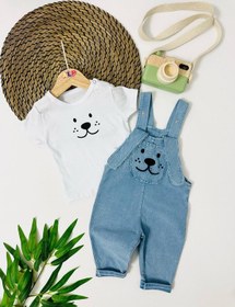 Resim Hessen Uzun Kulak Detaylı Köpekcik Örme Kot Salopet Takım - Mavi Mavi 