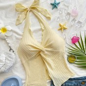 Resim 14K Altın Kaplama Y2K Seksi Ruched Halter Üstü - Twist Detaylı, Sırtı Açık Vücut Tasarımı, Kısa Kollu, Jersey Malzeme, Yaz ve Bahar için Mükemmel 