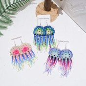 Resim 2 adet Bohemian Retro Boncuklu Düşme Küpeler - Denizanası Esinlenmiş Çok Renkli Gradyan Tasarım, Hafif Beyaz K Altın Kaplama Plaj Tatili & Günlük Takılar için, Plaj Küpeleri, Gündelik Takı, Denizanası Teması, Karmaşık Boncuk İşçiliği 
