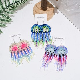 Resim 2 adet Bohemian Retro Boncuklu Düşme Küpeler - Denizanası Esinlenmiş Çok Renkli Gradyan Tasarım, Hafif Beyaz K Altın Kaplama Plaj Tatili & Günlük Takılar için, Plaj Küpeleri, Gündelik Takı, Denizanası Teması, Karmaşık Boncuk İşçiliği 