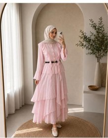 Resim Neşeli Butik kadın pudra fırfır detaylı üst kat kat volanlı etek ikili tesettür takım ---NBVQ3159 