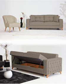 Resim Velura Home & Living Nola Koltuk Takımı 3+1 & Bazalı Yataklı Koltuk & Kanepe - Keten 