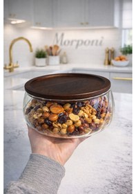 Resim Qerhome 2'li Borosilikat Cam Lüks Akasya Kapaklı Ve Akasya Ayaklı Cam Kase - Sunumluk-salata Kasesi Dalgalı 20 Cm Şeffaf - Ahşap 