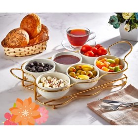Resim Lüx Gold Standlı 6'lı Porselen Tabak Kahvaltılık Çerezlik Sunumluk 