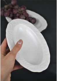 Resim 2'li Gold Yaldızlı Porselen Kayık Tabak 12x19 Cm Sunum Tabağı Orta Boy Beyaz 