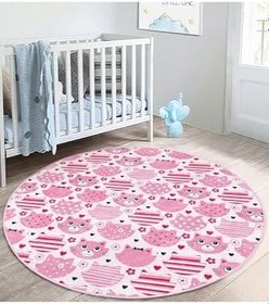 Resim RealHomes Pembe Kedi Figürlü Baskılı Çocuk & Genç Odası Makinede Yıkanabilir Kaymaz Taban Yuvarlak Kadife Halı HaliYuv-Comfort-891, 180 x 180 