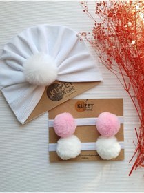 Resim KUZEY STORE Ponpon Bone Bebek Bandana Seti 