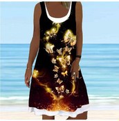 Resim Altın Kadın Çiçek Sahte İki Parçalı Mavi Kelebek Baskılı Kolsuz Yuvarlak Yaka Elbise Gevşek Yumuşak Rahat Büyük Beden Elbise Altın 