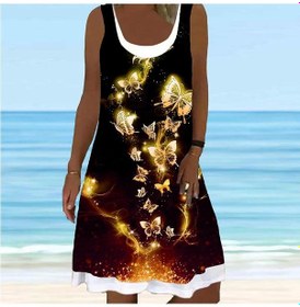 Resim Altın Kadın Çiçek Sahte İki Parçalı Mavi Kelebek Baskılı Kolsuz Yuvarlak Yaka Elbise Gevşek Yumuşak Rahat Büyük Beden Elbise Altın 