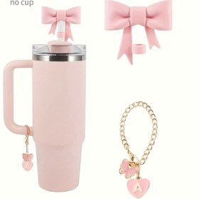 Resim 2'li Set - 1 Silikon Fiyonk Saman Kapağı ve 1 Harf Aşk Kelebek Bardak İşaretleyici Seti, 30-40oz Bardaklar için Uygun, 9-10mm Çaplı Pipetler, Saplı Cam Bardaklar, Pembe Kelebek Süslemesi 