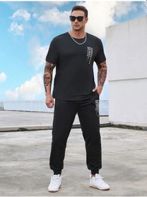 Resim Chinese T-shirt Eşofman Altı Jogger- Siyah Baskılı Alt Üst Eşofman Takım Oversize Bisiklet Yaka Siyah 