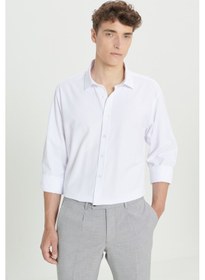Resim AC&Co / Altınyıldız Classics Erkek Beyaz Comfort Fit Geniş Kesim Klasik Yaka Pamuklu Rahat Armürlü Gömlek Beyaz 