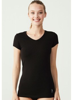 U.S. Polo Assn. Kadın Siyah Kısa Kollu V Yaka T-Shirt 66004