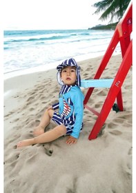 Resim Lolliboomkids Yeni Sezon Renk Bloklu Güneş Koruma Şapka Dahil Uzun Kol Sırt Fermuarlı Hassas Ten Mayo Mavi 