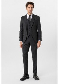 Resim Süvari Siyah Slim Fit Desenli Mono Yaka 6 Drop Yelekli Klasik Takım Elbise-35634 Siyah 