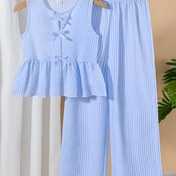 Resim Kızların Yeni Moda Çizgili Ruffle Üst + Rahat Geniş Bacaklı Pantolon İki Parça Takım, Dış Mekanlar İçin Mükemmel 