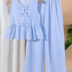 Resim Kızların Yeni Moda Çizgili Ruffle Üst + Rahat Geniş Bacaklı Pantolon İki Parça Takım, Dış Mekanlar İçin Mükemmel 