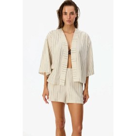 Resim Penti Naya Çizgili Keten 3/4 Kollu Kimono 
