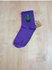 Resim 2 Çift Kaktüs Desenli Pamuklu Yumuşak Dikişsiz Çorap Arakonç Kadın Yeşil Ve Mor Soket Çorabı 36-40 Renkli 