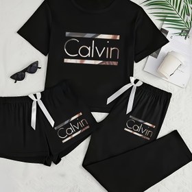Resim Kadınlar İçin Siyah Harf Baskılı Kısa Kollu Şort Pantolon Üç Parça Pijama Takımı 
