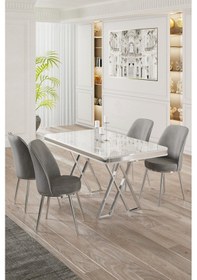 Resim Canisa Vals Serisi 80x130 Lak Panel Beyaz Mermer Desen Masa Takımı Krom Ayaklı 4 Gri Sandalye Masa Beyaz Mermer Desen Sandalye Gri 