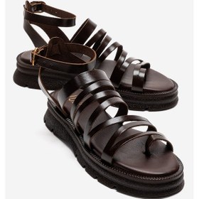 Resim Luvishoes Elsa Kahverengi Hakiki Deri Çok Bantlı Kadın Parmak Arası Sandalet 