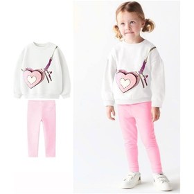 Resim Lolliboomkids Yeni Sezon Süzene Kalp Nakış İşlemeli Esnek Lastik Belli Çantalı Görünümlü 3 İplik Sweatshirt Tayt Alt Üst Takım Pembe Beyaz Pembe - Beyaz 