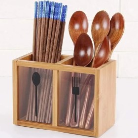 Resim 2 Bölmeli Bambu Kaşıklık ve Çubukluk Organizatör, Ahşap Mutfak Gereçleri 