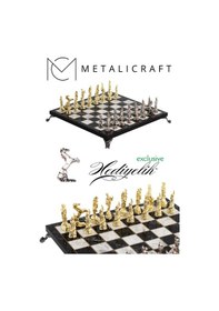 Resim Mc58 Uzak Doğu Figürlü Metal Satranç Takımı - Mermer Desenli 25x25 Ahşap Tahtasıyla - Lüks Hediyelik 