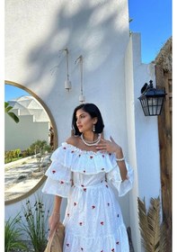 Resim Kırmızı Omuzları Lastikli Brode Elbise Kırmızı 