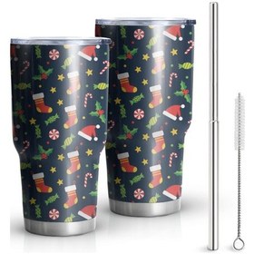 Resim Noel Desenli 30oz Kahve Termosu, Çift Katlı Paslanmaz Çelik, Yeniden Kullanılabilir, Sızdırmaz Noel Çorap Şeker 