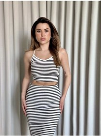 Resim Çizgili Etek Crop Takım Beyaz 
